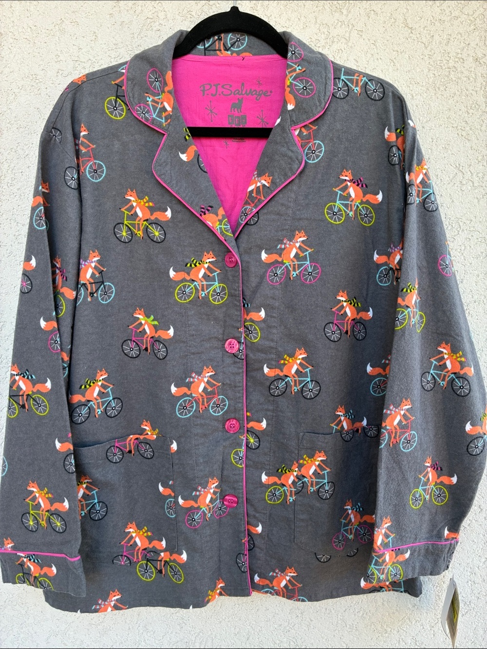 PJ Salvage Grey Fox riding bicycle Pajama Top with Pink Trim